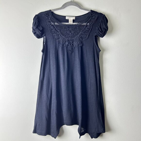 KENAR Black Cotton Blend Cap Sleeve Embroidered Lace Neck Shift Top Size Medium - Picture 1 of 12